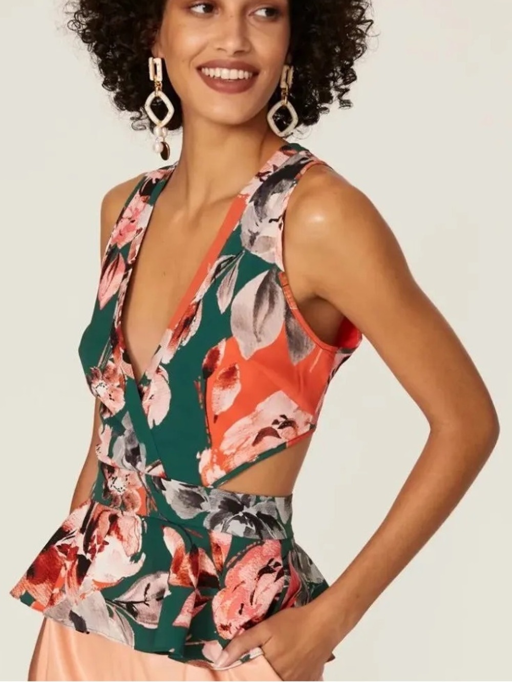 MARISSA WEBB CUT OUT V NECK FLORAL PEPLUM TOP